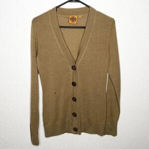 Tory Burch tan v neck button merino wool cardigan size Extra Small XS - flawed